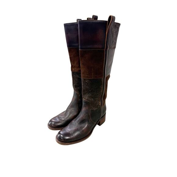 FRYE Womens Samantha Knee High Patchwork Riding Brown Boots Boho Leather 9 M - Picture 1 of 12